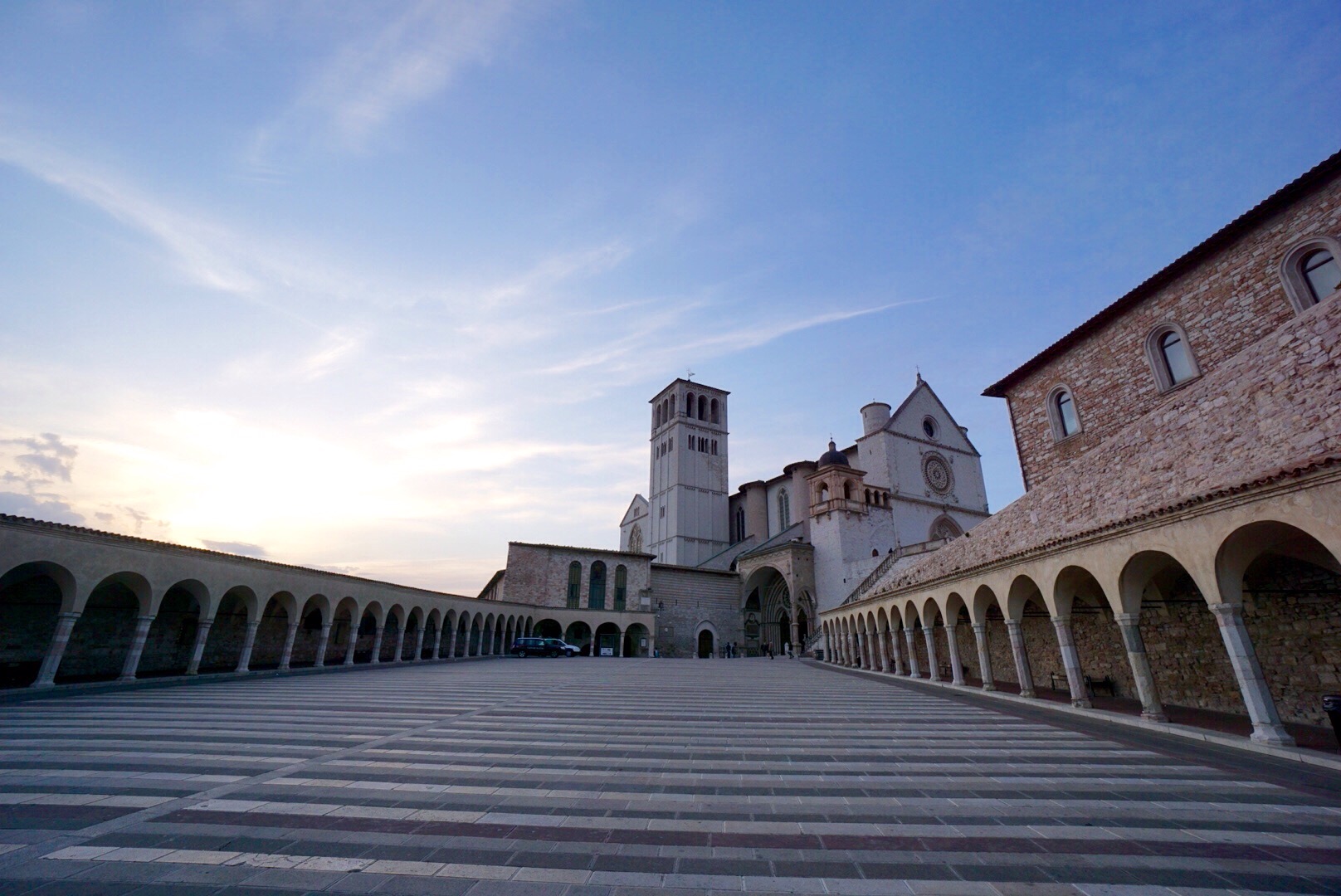 the basillica de san fernando in Assisi  at sunset in April