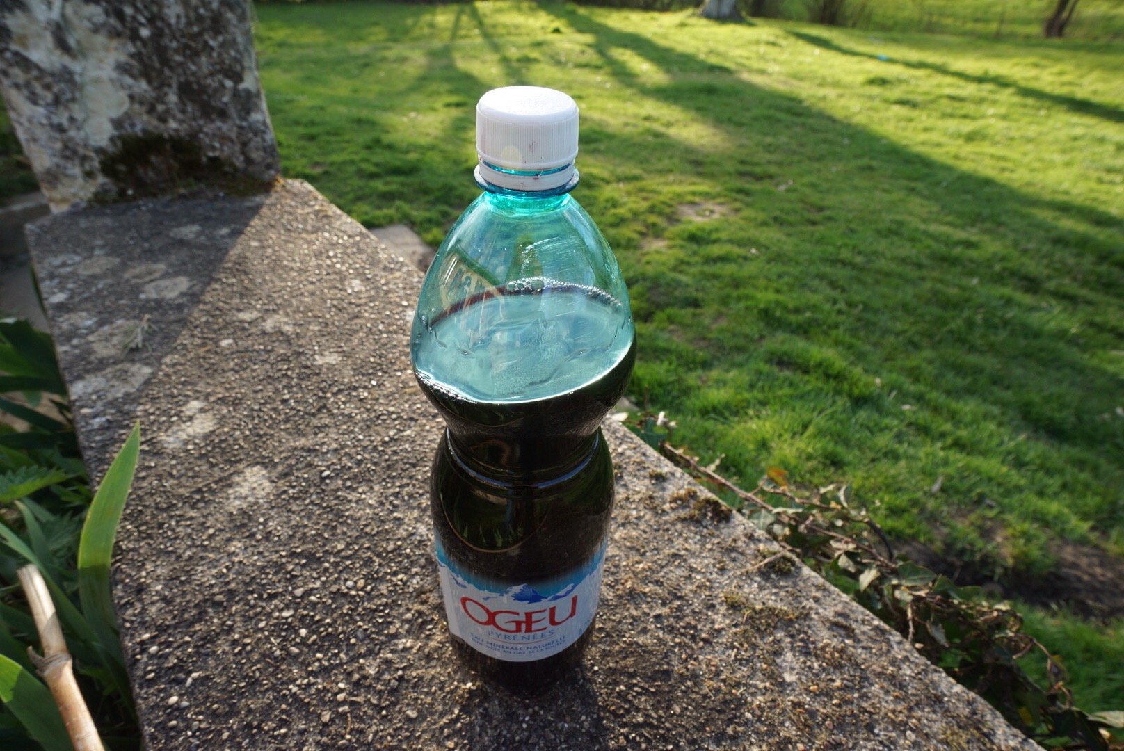 a water jug filled with wine which was picked up at the wine cave outside Condom, France.